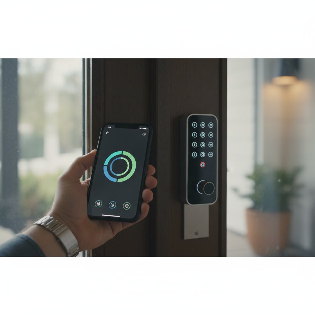 Smart lock control app on phone with electronic keypad in Fredericksburg home