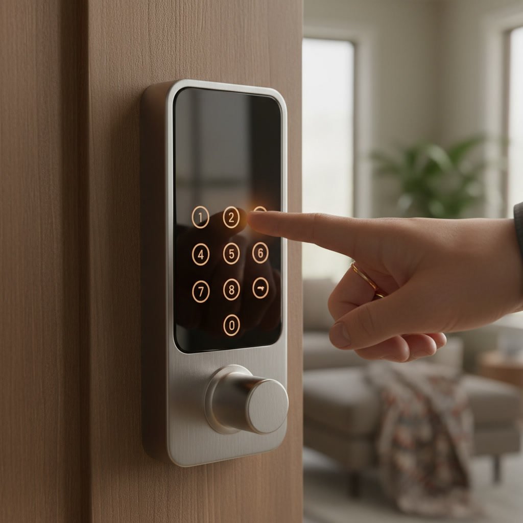 Electronic keypad lock on Midlothian home door with illuminated touchscreen